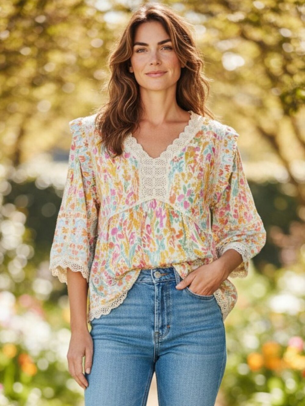 Democracy Floral Crocheted Trimmed Blouse Size XS / US 2